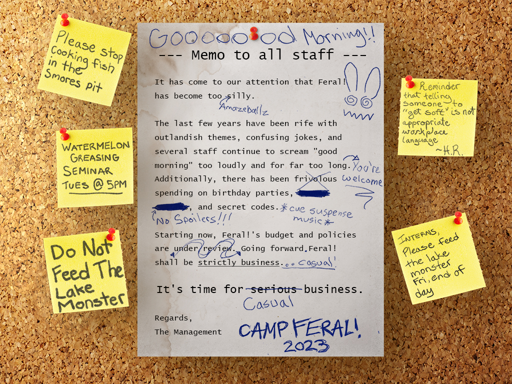 A memo posted on a corkboard. It has been graffittied in blue ballpoint pen with jokes.