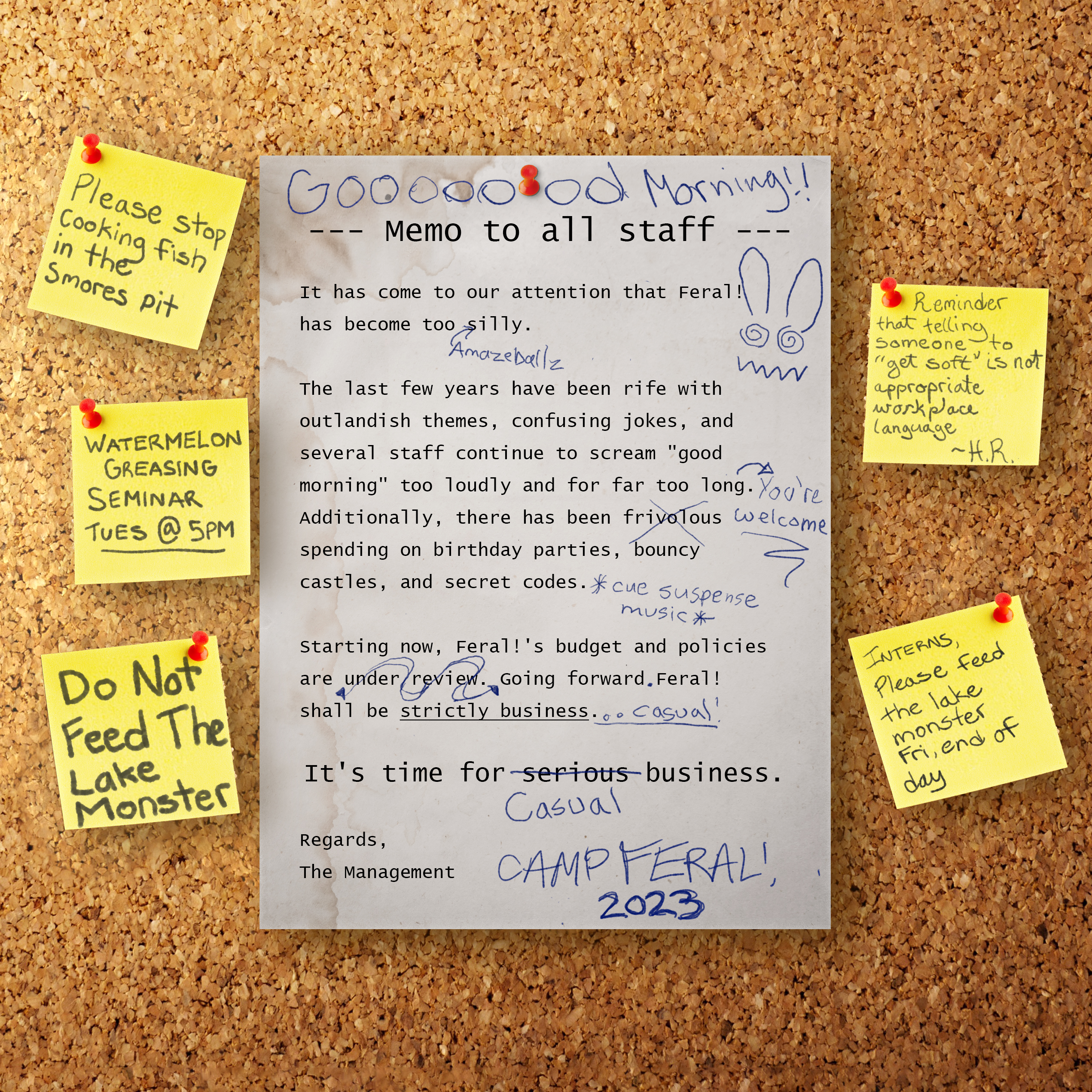 A memo posted on a corkboard. It has been graffittied in blue ballpoint pen with jokes.