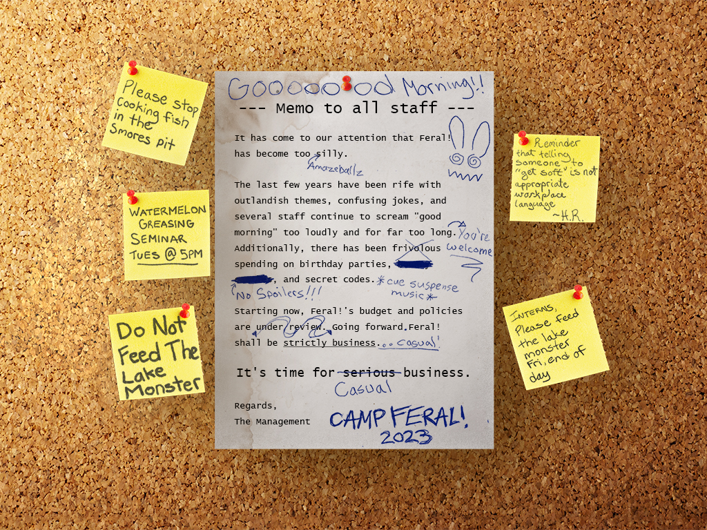 A memo posted on a corkboard. It has been graffittied in blue ballpoint pen with jokes.